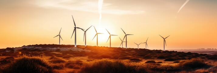 wind turbines in sunset landscape, ecology, clean and green energy - obrazy, fototapety, plakaty