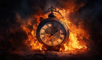 Deurstickers old clock on fire burning time, stress no time © David Kreuzberg