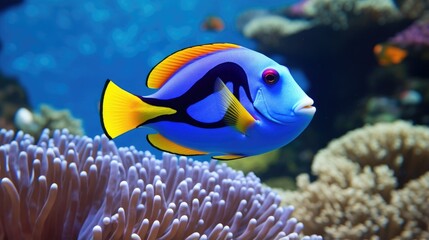 Blue tang, surgeon fish with anemone background - obrazy, fototapety, plakaty
