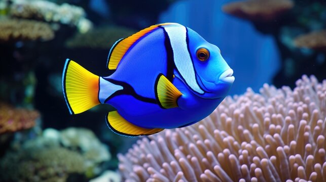 Blue tang, surgeon fish with anemone background