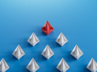 Different business concept.new ideas. paper art style.Leadership concept with red paper ship leading among white boats.3D rendering on blue background.
