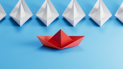 Different business concept.new ideas. paper art style. creative idea.Red and white paper boat. Leadership concept.3D rendering on blue background.
