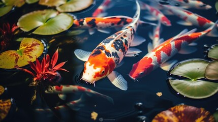 Obraz na płótnie Canvas Group of colorful koi fish on the surface water in the pond garden