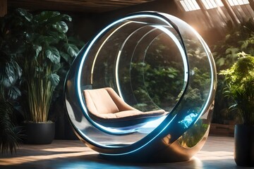 futuristic sci-fi pod chair, Flat Design, Product-View, editorial photography, transparent orb, product photography, natural lighting, plants, natural daytime lighting, zbrush,