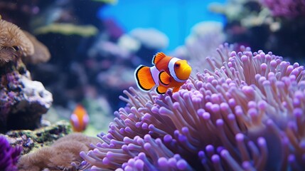 Clown fish swimming in the corals and anemone, nature habitat colorful underwater