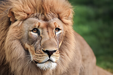 Portrait of an adult lion, with a stern look. Close-up of the lion king looking stern. Portrait of...