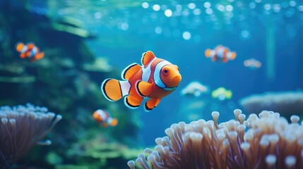 Clown fish swimming in the corals and anemone, nature habitat colorful underwater - obrazy, fototapety, plakaty