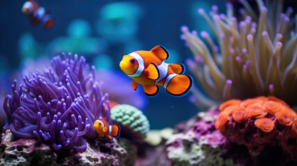 Clown fish swimming in the corals and anemone, nature habitat colorful underwater - obrazy, fototapety, plakaty