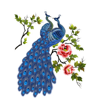 Peacock head on peony branch, painted watercolor with photoshop