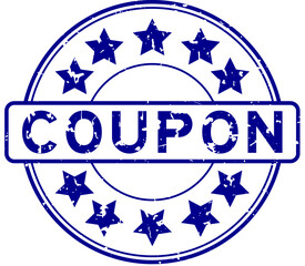 Grunge blue coupon word with star icon round rubber seal stamp on white background