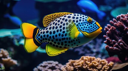Fototapeta na wymiar Clown trigger fish with coral reef, colorful underwater
