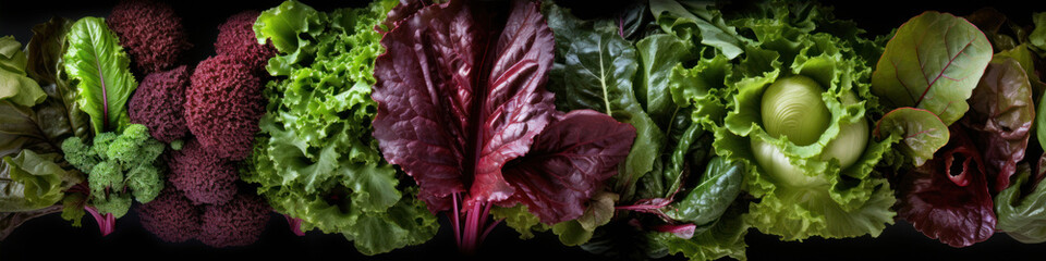 Variety of green and purple salad leaves on a black background. - obrazy, fototapety, plakaty