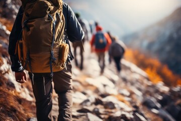 Group hiking up a mountain, helping each other - Ascent Together  - AI Generated - obrazy, fototapety, plakaty
