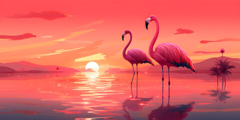Flamingo on the water with sunset background