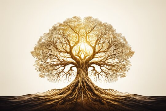 Tree with deep roots - Sustainability Symbolism - Illustration - AI Generated