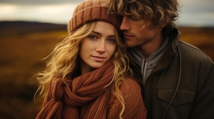 Fototapeta premium a warm portrait of a couple in love in gray fall