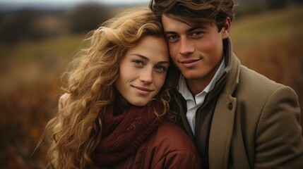 Obraz premium a warm portrait of a couple in love in gray fall