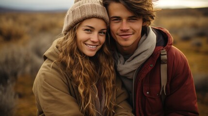 Obraz premium a warm portrait of a couple in love in gray fall