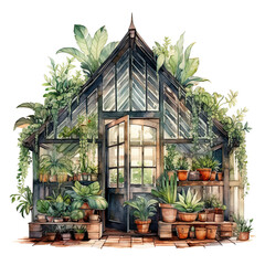 Fototapeta na wymiar Botanical Watercolor Art, Spiky Cacti in a Serene Greenhouse Setting