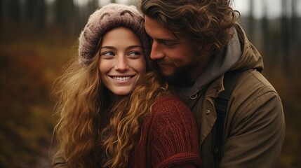 a warm portrait of a couple in love in gray fall
