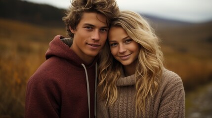 Obraz premium a couple in love in sweaters snuggling up together.