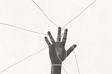 Illustration of a black tied hand, surreal abstract minimal concept - 661504167