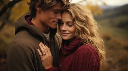 a couple in love in sweaters snuggling up together.