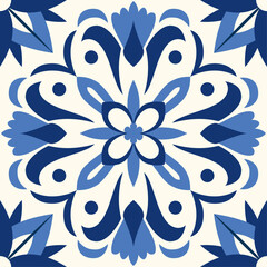 Ceramic tiles in a classic design feature intricate floral and leaf motifs, highlighting. Mediterranean seamless navy blue ornament. Majolica. Spanish pattern. Baroque Vector mosaic. 
