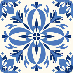 Ceramic tiles in a classic design feature intricate floral and leaf motifs, highlighting. Square vintage tile. Mediterranean seamless navy blue ornament. Majolica. Spanish pattern. 