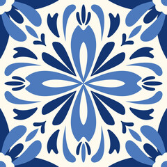Ceramic tiles in a classic design feature intricate floral and leaf motifs, highlighting. Lisbon floral mosaic. Mediterranean seamless navy blue ornament. Majolica. Spanish pattern.