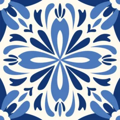 Foto auf Acrylglas Ceramic tiles in a classic design feature intricate floral and leaf motifs, highlighting. Lisbon floral mosaic. Mediterranean seamless navy blue ornament. Majolica. Spanish pattern. © Danchenko