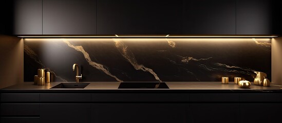 High end kitchen featuring a sleek design induction black glass hob cylinder golden extractor hood marble stoneware countertop golden sink and faucet cupboard and neon lighting With copyspa - obrazy, fototapety, plakaty