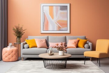 Interior design in Apricot Crush color, gray sofa, bright painting and carpet