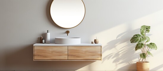 A lovely bathroom featuring a floating wood cabinet marble countertop and gold circular mirror With copyspace for text