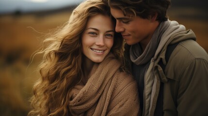 Fototapeta premium a couple in love standing in sweaters in an autumn field