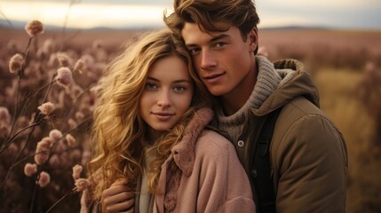 Fototapeta premium a couple in love standing in sweaters in an autumn field