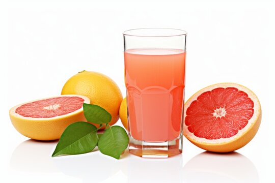 Juice is squeezed from half a grapefruit into a glass, white background