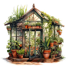 Fototapeta na wymiar Botanical Watercolor Art, Spiky Cacti in a Serene Greenhouse Setting