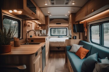 Cosy like home travel transport concept. Interior of motor home camping car automobile furnishing decor of bedroom, comfortable modern caravan house. Convenient areas for road travel for family couple