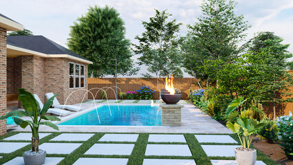 3D modeling and rendering of swimming pool design.