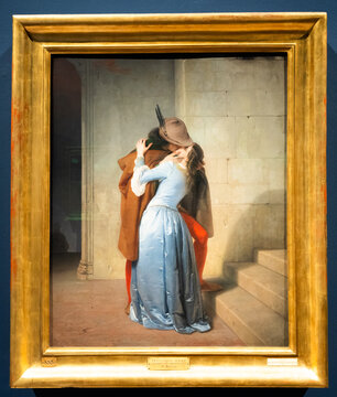 Milan, Italy - Brera antique painting museum. The Kiss - Il Bacio - by Francesco Hayez, 1859