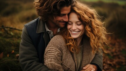 Fototapeta premium a couple in love standing in sweaters in an autumn field