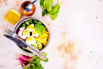 Bowl of vegetarian salad with boiled eggs- radishes- cucumbers- corn salad