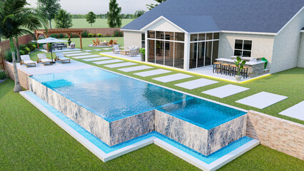 3D modeling and rendering of swimming pool design.