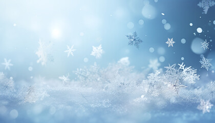 Fototapeta na wymiar Transforming Winter Magic A Snowy Canvas Painted with Gentle Snowflakes and Bokeh Lights, Set Against a Serene Blue Sky A Sublime Christmas Atmosphere. A Frosty Still Life Enveloped by the Enchante