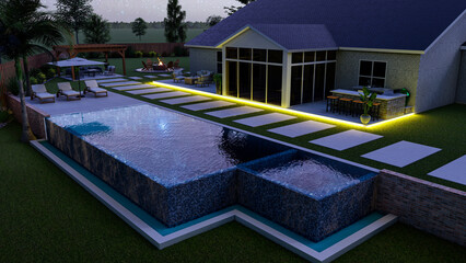 3D modeling and rendering of swimming pool design.
