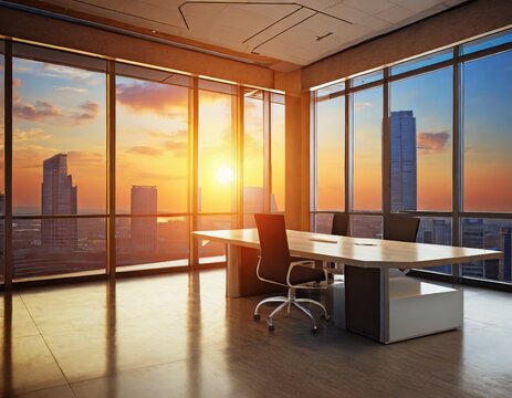Modernes Büro mit Blick in den Sonnenuntergang