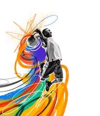 Zelfklevend Fotobehang Young african man, basketball player during game, throwing ball into basket over colorful background. Creative art collage. Concept of professional sport, competition and match, dynamics. Poster, ad © master1305