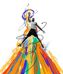 Fotobehang Dynamic image of young african man, basketball player in motion, throwing ball with hand and wins. Creative art collage. Concept of professional sport, competition and match, dynamics. Poster, ad © master1305