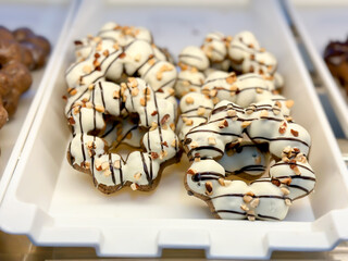 Donut sweet deserts donuts bright color on market concept.